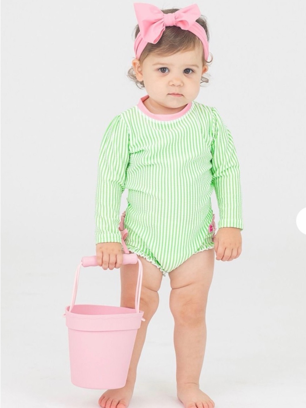 RUFFLE BUTTS Spring Green Long Sleeve One Piece Rash Guard Swimsuit - 6–12M
